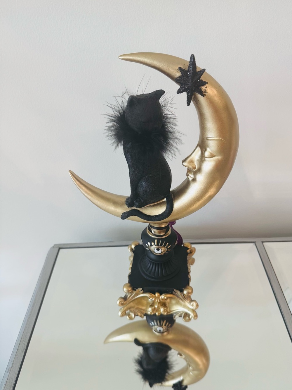 NEW Eerie Charm Celestial Moon Holding Black Cat With Fur CollarHalloween Decor - Picture 1 of 4